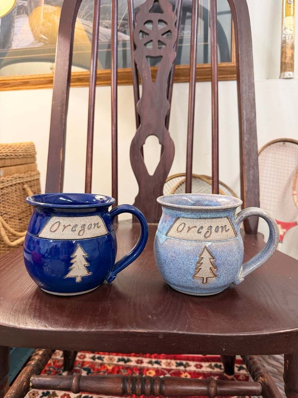 Oregon Pottery Ceramic Coffee Mugs Blue Tree Souvenir Cup Rustic Woods Cabin